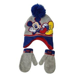Disney Junior Mickey Mouse Toddler Beanie & Mittens Set Gray Blue Hat Cap Gloves